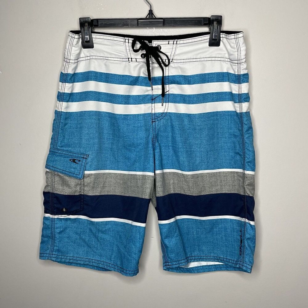 O'NEILL Mens Blue White Black Stripe Board Shorts Unlined Hook & Loop 31 x 10